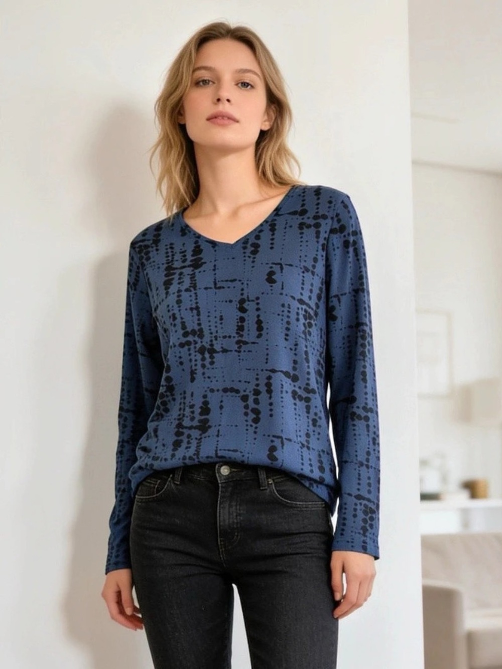 Chico's Abstract Long Sleeve Cotton Top Blue & Black Small